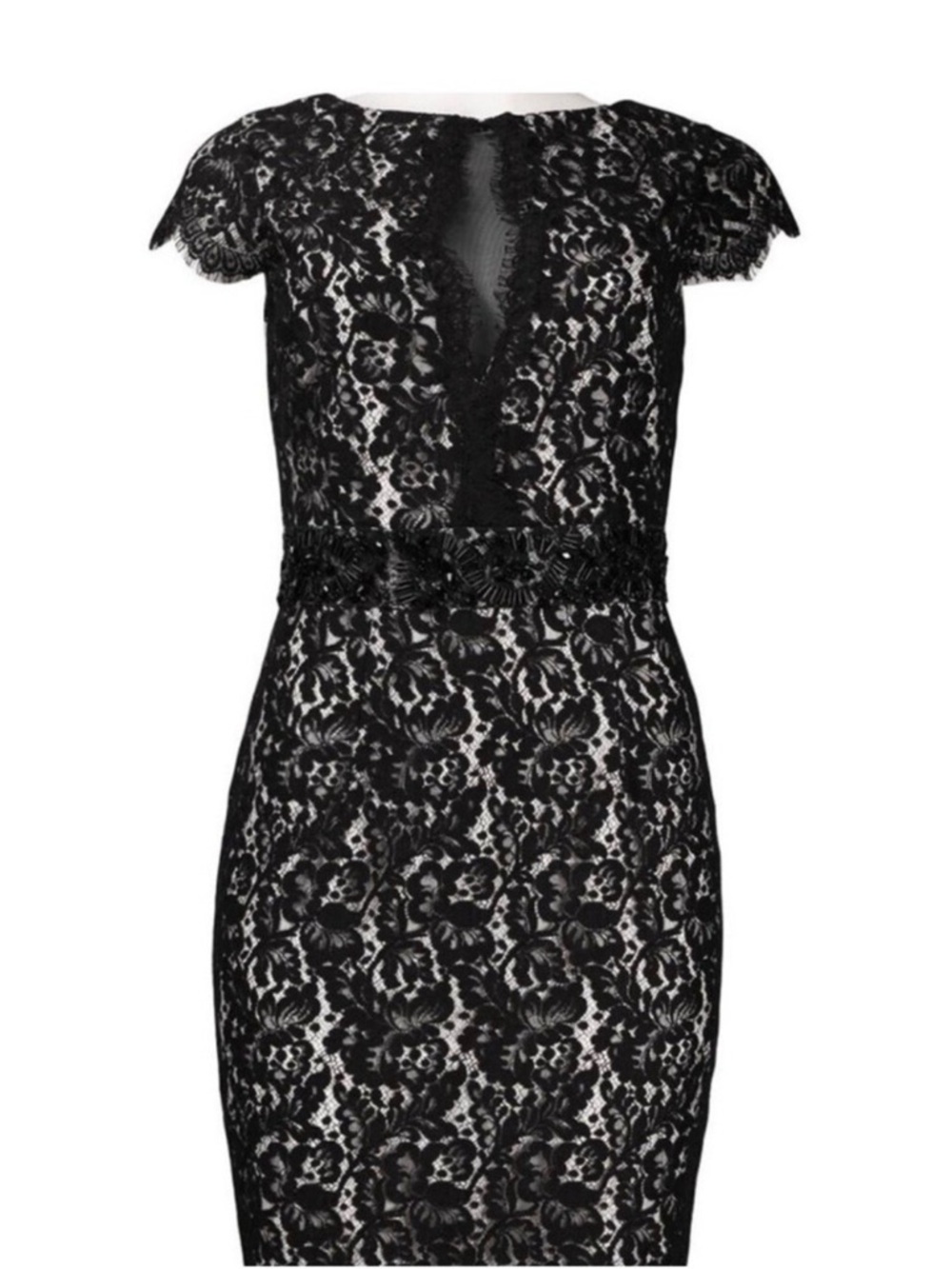 NWT MONIQUE LHUILLIER Black Lace Beaded Waist Bodycon Cocktail Midi Dress 6 - Picture 4 of 11